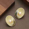 Women's Oval Spiral Texture Pearl Stud Earrings Geometric Copper Design With Ecofriendly Electroplated Finish
