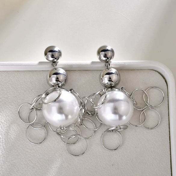 Women's Oversized Faux Pearl Geometric Hoop Tassel Earrings Metal Statement Jewelry For Fashionable Elegant Style