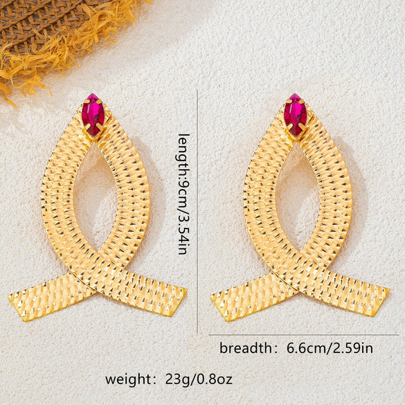 Women's Oversized Hammered Alloy Floral Geometric Earrings With Rose Red Rhinestone Accents And Stainless Steel Posts Plated Statement Fashion Jewelry