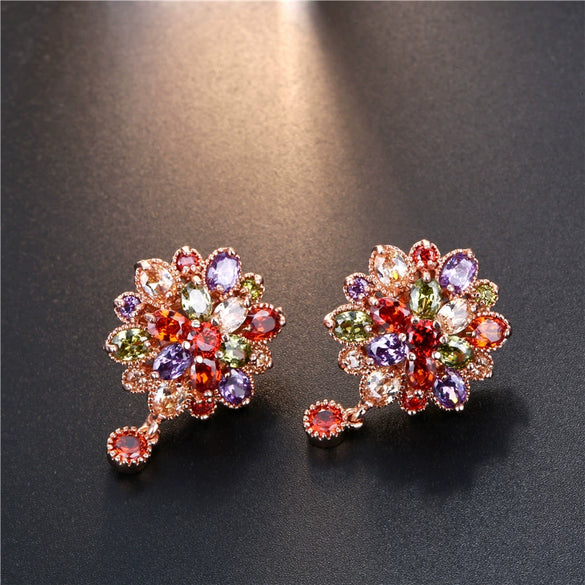 Women's Pastoral Style Flower Earrings With Zircon Inlay Colorful Floral Bridal Earrings