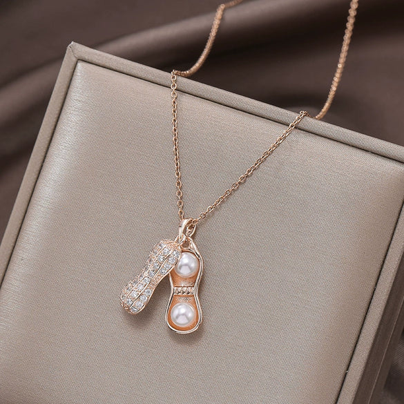 Women's Peanut Pendant Necklace With 18K Rose Gold Diamondencrusted Pearl Mixed Gem Inlay Geometric Style Titanium Steel Ochain