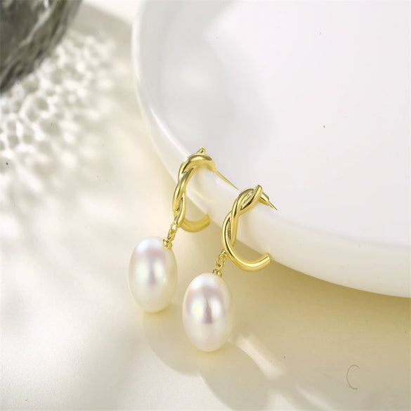 Women's Pearl Arc Earrings With 925 Silver Needles Distinctive Metal Beaded Design Natural Style Set With Pearls