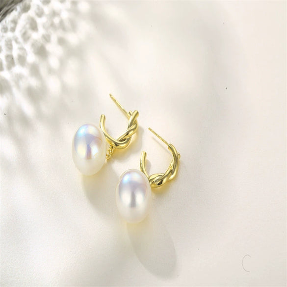 Women's Pearl Arc Earrings With 925 Silver Needles Distinctive Metal Beaded Design Natural Style Set With Pearls