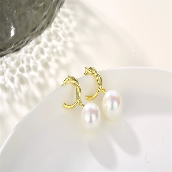 Women's Pearl Arc Earrings With 925 Silver Needles Distinctive Metal Beaded Design Natural Style Set With Pearls