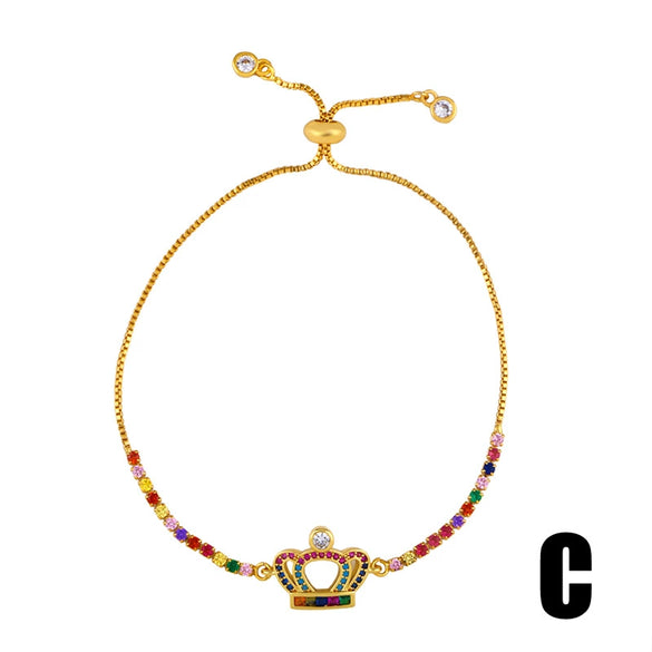 Women's Pearl Bracelet With Gold Plated Zircon Heart Cross And Crown Charms Sparkling Colorful Gemstone Hand Chain Ornament