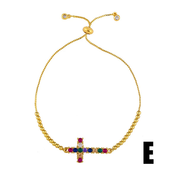 Women's Pearl Bracelet With Gold Plated Zircon Heart Cross And Crown Charms Sparkling Colorful Gemstone Hand Chain Ornament