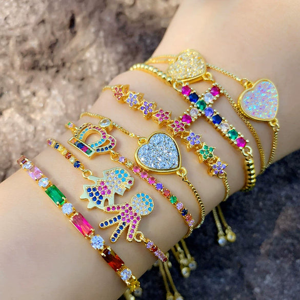 Women's Pearl Bracelet With Gold Plated Zircon Heart Cross And Crown Charms Sparkling Colorful Gemstone Hand Chain Ornament