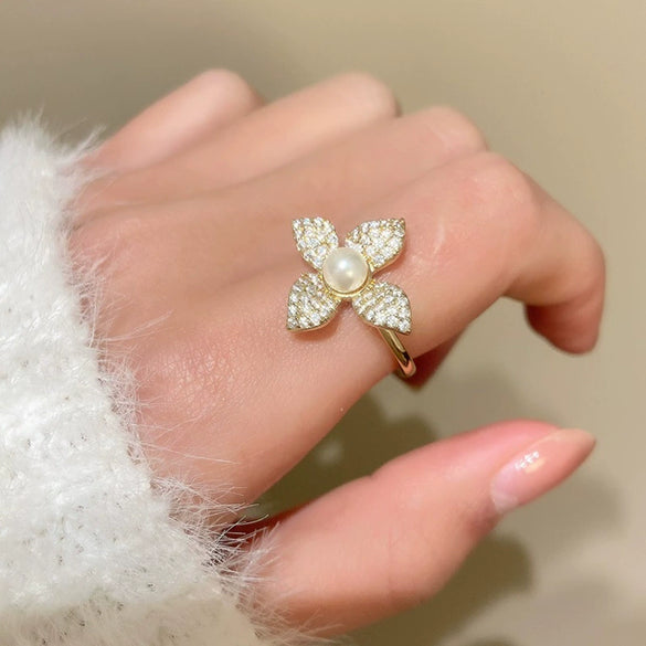 Women's Pearl Flower Geometric Open Ring Copper Full Diamond