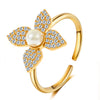 Women's Pearl Flower Geometric Open Ring Copper Full Diamond