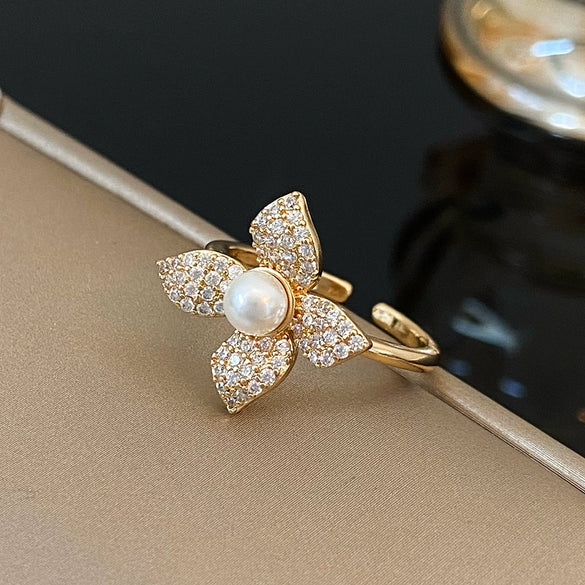 Women's Pearl Flower Geometric Open Ring Copper Full Diamond