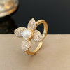 Women's Pearl Flower Geometric Open Ring Copper Full Diamond