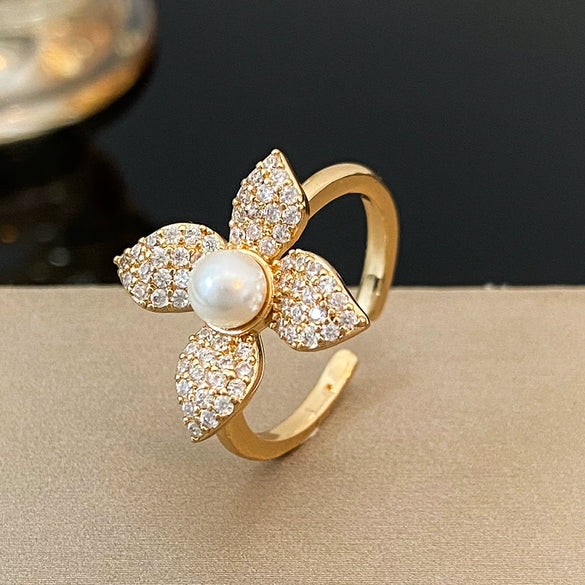 Women's Pearl Flower Geometric Open Ring Copper Full Diamond