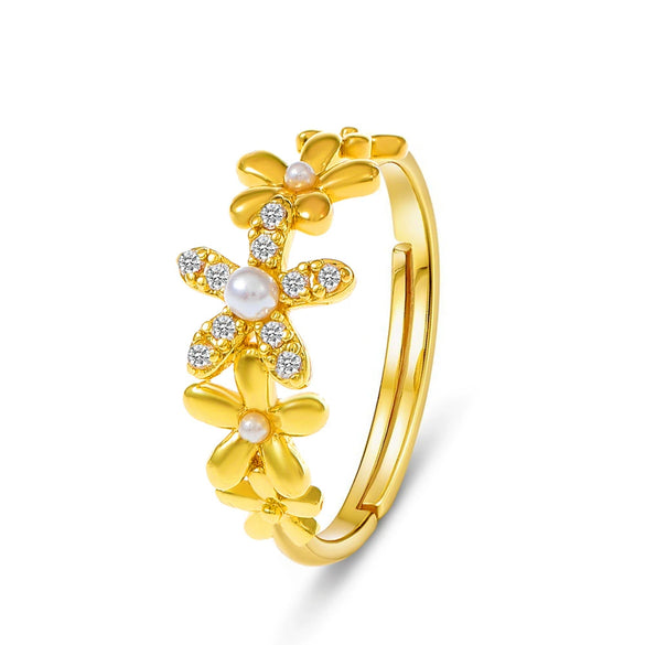 Women's Pearl Flower Geometric Open Ring Copper Full Diamond