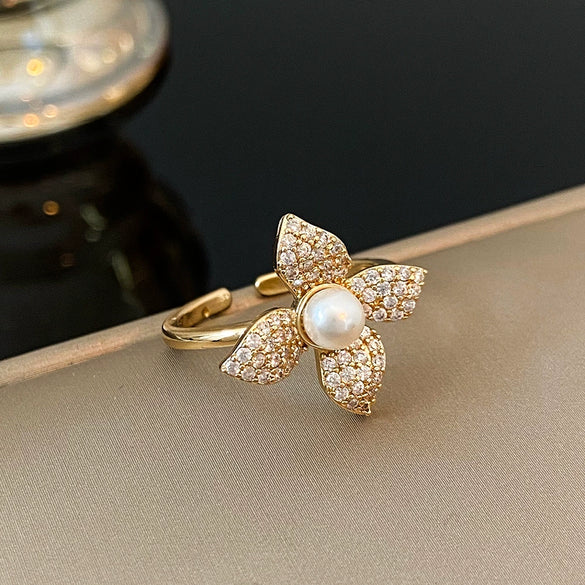 Women's Pearl Flower Geometric Open Ring Copper Full Diamond