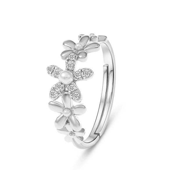 Women's Pearl Flower Geometric Open Ring Copper Full Diamond