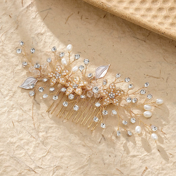 Women's Pearl Flower Hair Comb Alloy Electroplated Wedding Updo Hair Accessory Bridal Photo Prop