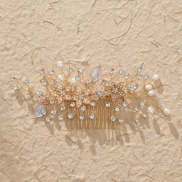 Women's Pearl Flower Hair Comb Alloy Electroplated Wedding Updo Hair Accessory Bridal Photo Prop