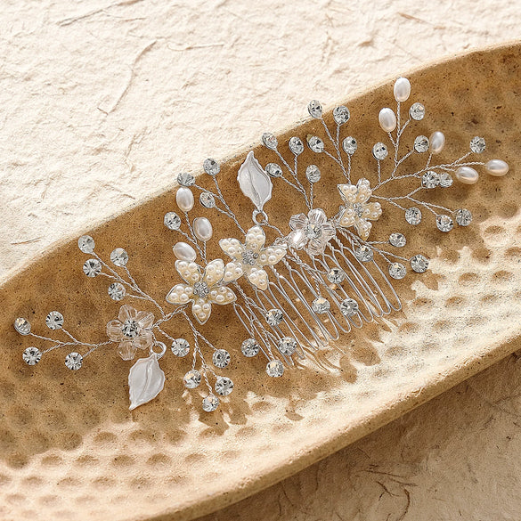 Women's Pearl Flower Hair Comb Alloy Electroplated Wedding Updo Hair Accessory Bridal Photo Prop