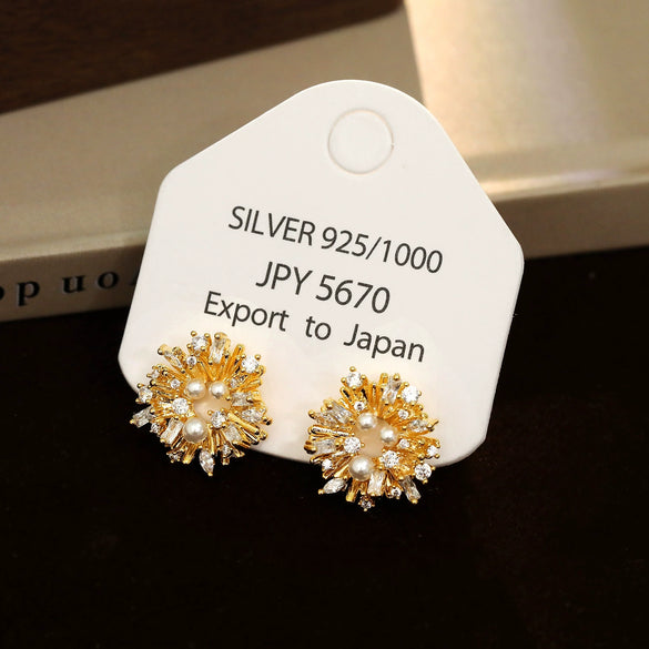 Women's Pearl Geometric Sunflower Copper Electroplated Earrings Fashion Style