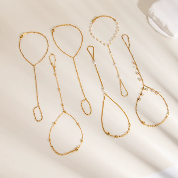 Women's Pearl Gold Bean Bracelet Finger Chain Ring Fashion Design Simple Light Luxury Titanium Steel Jewelry Pvd Furnace Vacuum Real Gold Plating