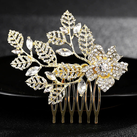 Women's Pearl Leaf Flower Edge Hair Comb Alloy Rhinestone Bridal Hair Accessory Simple Elegant Style