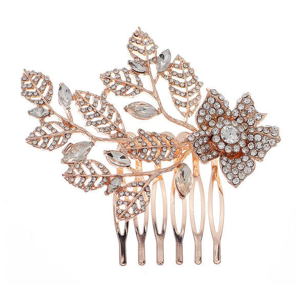Women's Pearl Leaf Flower Edge Hair Comb Alloy Rhinestone Bridal Hair Accessory Simple Elegant Style