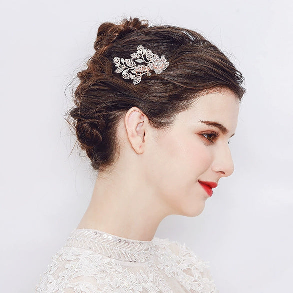 Women's Pearl Leaf Flower Edge Hair Comb Alloy Rhinestone Bridal Hair Accessory Simple Elegant Style