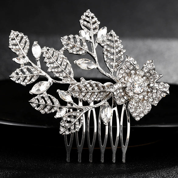 Women's Pearl Leaf Flower Edge Hair Comb Alloy Rhinestone Bridal Hair Accessory Simple Elegant Style