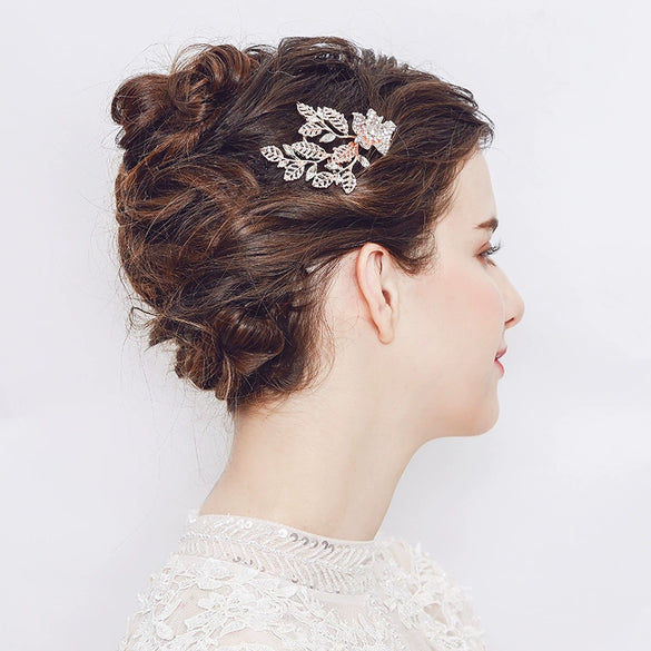 Women's Pearl Leaf Flower Edge Hair Comb Alloy Rhinestone Bridal Hair Accessory Simple Elegant Style