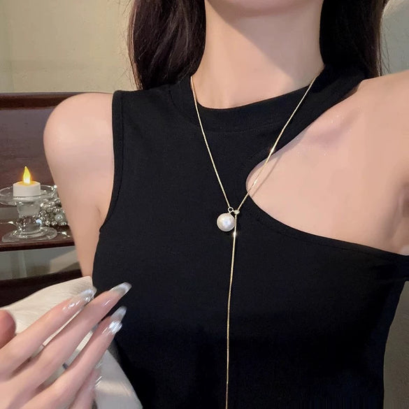 Women's Pearl Long Necklace With Geometric Pattern Woolen Chain Copper Material Electroplating Process Tassel Design Light Luxury Style