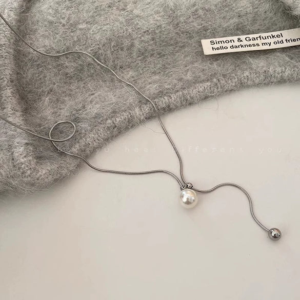 Women's Pearl Long Necklace With Geometric Pattern Woolen Chain Copper Material Electroplating Process Tassel Design Light Luxury Style