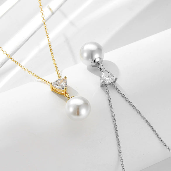 Women's Pearl Necklace 925 Sterling Silver Geometric Style