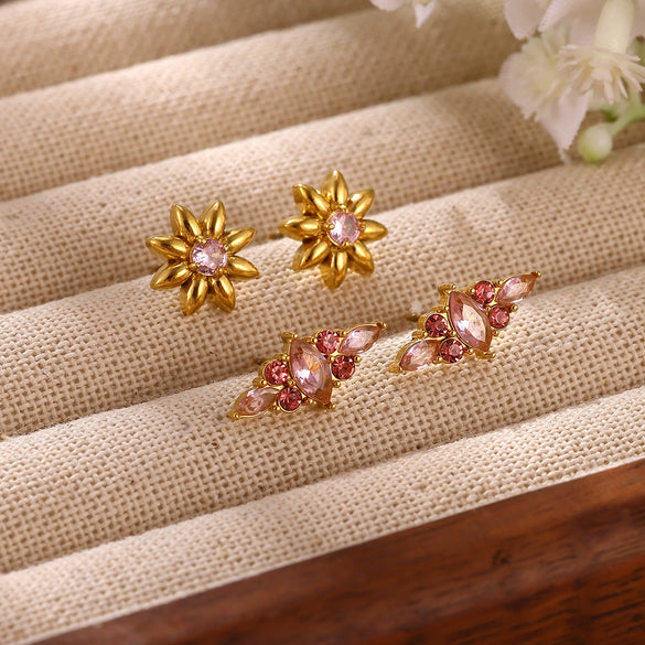 Women's Pink Crystal Sunflower Stud Earrings Goldplated Stainless Steel Geometric Floral Jewelry With A Cute Vintageinspired Design