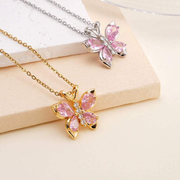 Women's Pink Diamond Butterfly Titanium Steel Clavicle Necklace Mixed Gemstone Inlay Electroplating Geometric Style