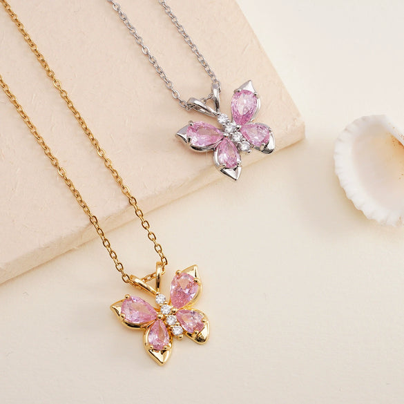 Women's Pink Diamond Butterfly Titanium Steel Clavicle Necklace Mixed Gemstone Inlay Electroplating Geometric Style