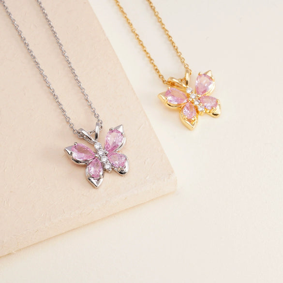 Women's Pink Diamond Butterfly Titanium Steel Clavicle Necklace Mixed Gemstone Inlay Electroplating Geometric Style