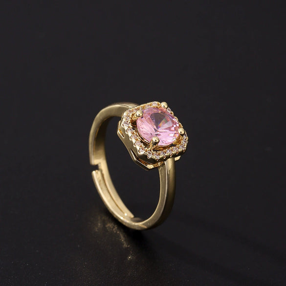 Women's Pink Zircon Open Adjustable Ring Copper Geometric Sweet Style Electroplating Jewelry