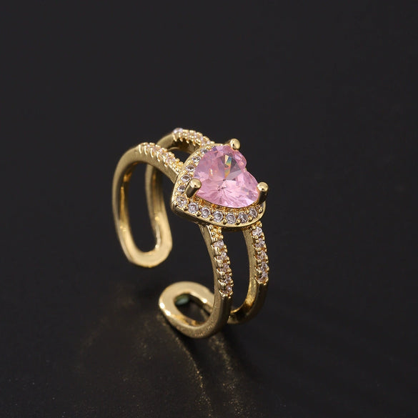 Women's Pink Zircon Open Adjustable Ring Copper Geometric Sweet Style Electroplating Jewelry
