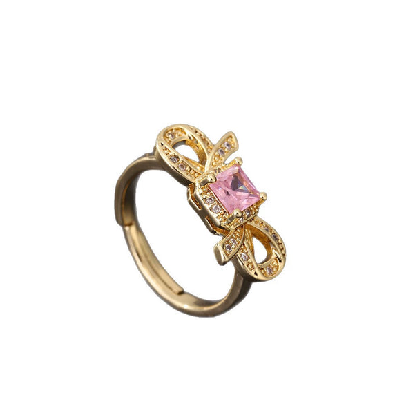 Women's Pink Zircon Open Adjustable Ring Copper Geometric Sweet Style Electroplating Jewelry