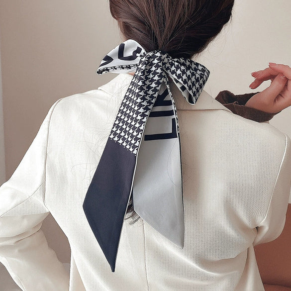 Women's Plaid Cloth Ribbon Ponytail Hair Tie Headband Geometric French Style Silk Scarf Hair Accessory