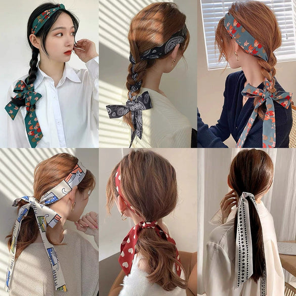 Women's Plaid Cloth Ribbon Ponytail Hair Tie Headband Geometric French Style Silk Scarf Hair Accessory
