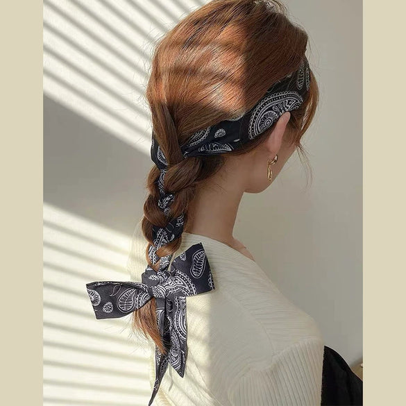 Women's Plaid Cloth Ribbon Ponytail Hair Tie Headband Geometric French Style Silk Scarf Hair Accessory