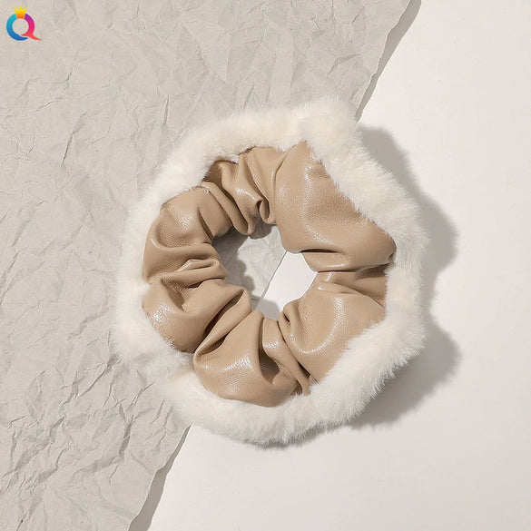 Women's Plaid Velvet And Polyurethane Scrunchie With Plush Trim Handmade Ponytail Hair Tie Accessory