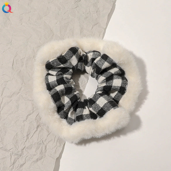 Women's Plaid Velvet And Polyurethane Scrunchie With Plush Trim Handmade Ponytail Hair Tie Accessory
