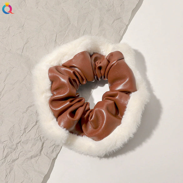 Women's Plaid Velvet And Polyurethane Scrunchie With Plush Trim Handmade Ponytail Hair Tie Accessory
