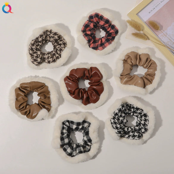Women's Plaid Velvet And Polyurethane Scrunchie With Plush Trim Handmade Ponytail Hair Tie Accessory