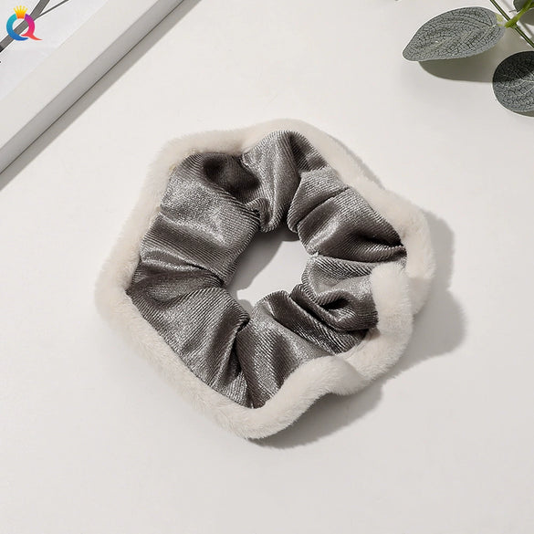 Women's Plaid Velvet And Polyurethane Scrunchie With Plush Trim Handmade Ponytail Hair Tie Accessory