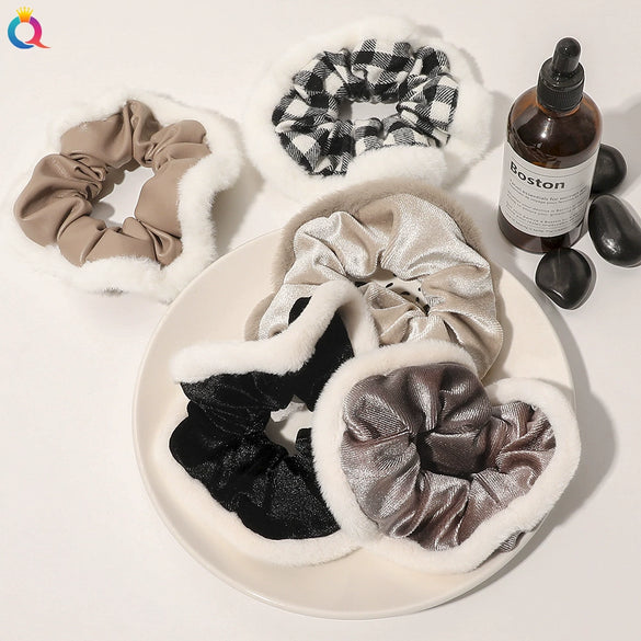Women's Plaid Velvet And Polyurethane Scrunchie With Plush Trim Handmade Ponytail Hair Tie Accessory