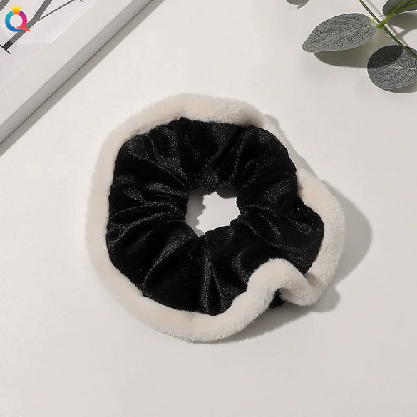 Women's Plaid Velvet And Polyurethane Scrunchie With Plush Trim Handmade Ponytail Hair Tie Accessory
