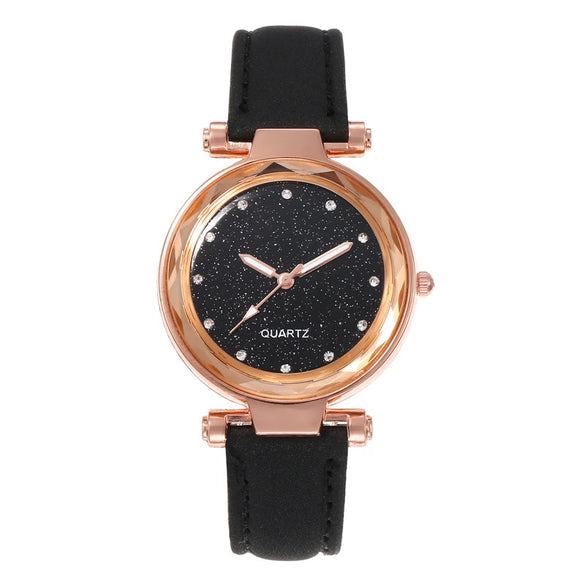 Women's Plastic Case Imitation Leather Belt Round Dial Quartz Watch With Frosted Belt And Silver Powder Diamond Design